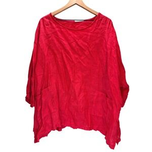 Linen Crush Top Women XL Red Oversized Pockets Lagenlook Boho Spring Summer